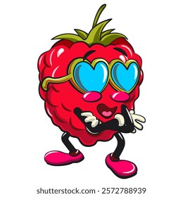 Cute raspberry fruit vektor illustration mascot character wearing heart shaped beach sunglasse, work of hand drawn