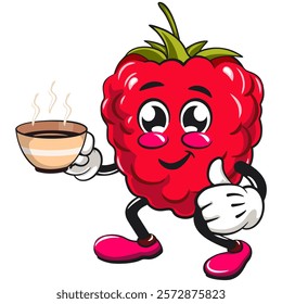 Cute raspberry fruit vektor illustration mascot character with a cup of coffee or tea while giving a thumbs up, work of hand drawn