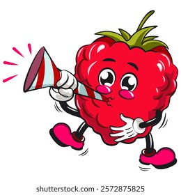 Cute raspberry fruit vektor illustration mascot character blow the party horn trumpet, work of hand drawn