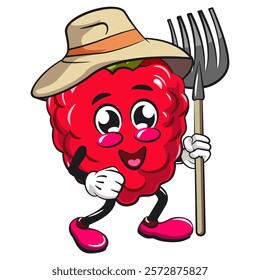 Cute raspberry fruit vektor illustration mascot character as farmer in hat with his fork, work of hand drawn