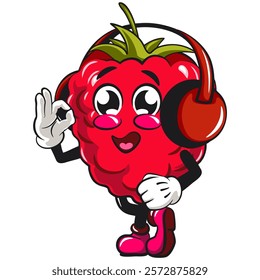 Cute raspberry fruit vektor illustration mascot character listening to headset while dancing, work of hand drawn