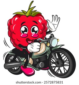 Cute raspberry fruit vektor illustration mascot character riding a big motorcycle, work of hand drawn