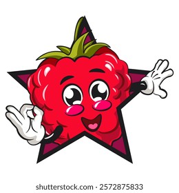 Cute raspberry fruit vektor illustration mascot character out from of a star by giving an OK sign, work of hand drawn