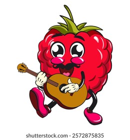 Cute raspberry fruit vektor illustration mascot character with moustache playing guitar, work of hand drawn