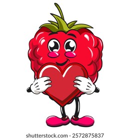 Cute raspberry fruit vektor illustration mascot character holding a big heart, work of hand drawn