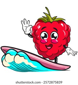 Cute raspberry fruit vektor illustration mascot character surfing happily, work of hand drawn