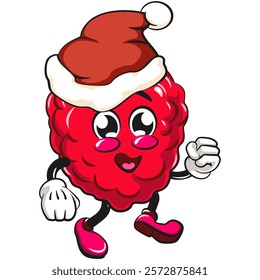 Cute raspberry fruit vektor illustration mascot character walking while wearing a santa hat, work of hand drawn