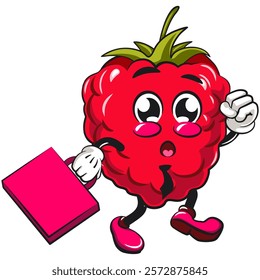 Cute raspberry fruit vektor illustration mascot character wearing a tie and carrying a suitcase rushing to the office, work of hand drawn