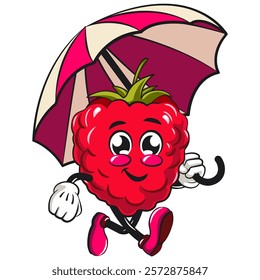 Cute raspberry fruit vektor illustration mascot characterr walking with an umbrella, work of hand drawn