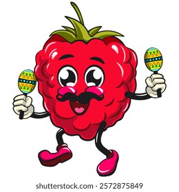 Cute raspberry fruit vektor illustration mascot character with moustache playing maracas, work of hand drawn