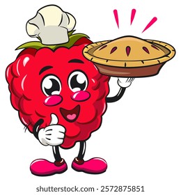 Cute raspberry fruit vektor illustration mascot character bring a delicious pie, work of hand drawn