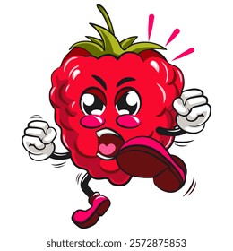 Cute raspberry fruit vektor illustration mascot character jumping and kicking, work of hand drawn