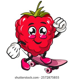 Cute raspberry fruit vektor illustration mascot character playing skateboarding, work of hand drawn