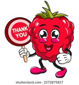 Cute raspberry fruit vektor illustration mascot character carrying a sign saying thank you, work of hand drawn