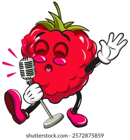 Cute raspberry fruit vektor illustration mascot character singing with maximum style, work of hand drawn