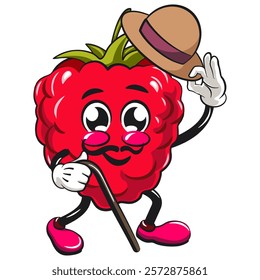 Cute raspberry fruit vektor illustration mascot character carrying a stick and saluting with raised hat, work of hand drawn