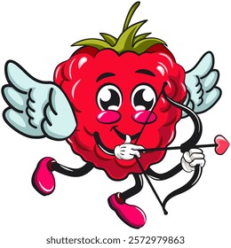 Cute raspberry fruit vektor illustration mascot character being cupid with angel wings and the arrow of love, work of hand drawn