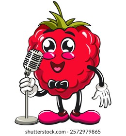 Cute raspberry fruit vektor illustration mascot character on front of the mic become a stand up comedian, work of hand drawn