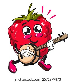 Cute raspberry fruit vektor illustration mascot character playing the banjo musical instrument, work of hand drawn