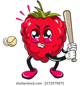 Cute raspberry fruit vektor illustration mascot character playing baseball ready to hit the ball with the bat, work of hand drawn