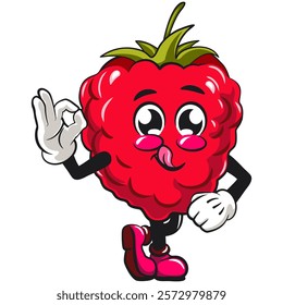 Cute raspberry fruit vektor illustration mascot character greet by giving oke sign, work of hand drawn