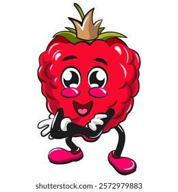 Cute raspberry fruit vektor illustration mascot character crowned like a king while folding his arms calmly, work of hand drawn