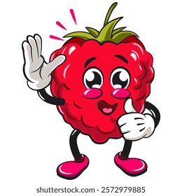 Cute raspberry fruit vektor illustration mascot character wave hand and give a thumbs up sign, work of hand drawn