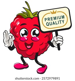 Cute raspberry fruit vektor illustration mascot character carrying a sign board that says premium quality while giving an okay sign, work of hand drawn