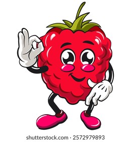 Cute raspberry fruit vektor illustration mascot character dancing while giving the okay sign, work of hand drawn