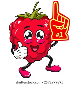 Cute raspberry fruit vektor illustration mascot character raise finger foam, work of hand drawn