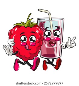 Cute raspberry fruit vektor illustration mascot character walk with a glass juice ice character while giving an ok sign, work of hand drawn