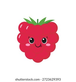 Frambuesa linda, personaje divertido de dibujos animados, baya sabrosa y saludable, ojos grandes, emociones alegría deleite, cara sonriente feliz, estilo kawaii, ilustración de Vector de iconos para niños.