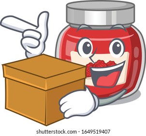 Cute raspberry jam cartoon character having a box