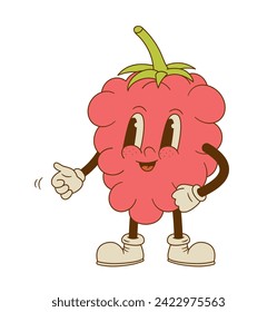 Cute raspberry mascot vector illustration. Funny retro cartoon berry fruit character on white background. 