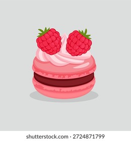Lindo macaron rosa de frambuesa con ilustración de arte de píxeles de crema batida
