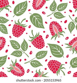 Cute raspberry seamless pattern. Set of various berries, leaves and seeds. Bright floral hand drawn illustration