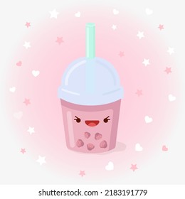 Cute raspberry smoothie cocktail vector icon illustration. Sticker cartoon logo. Food icon concept.  Flat cartoon style suitable for web landing page, banner, sticker, background. Kawaii cocktail.
