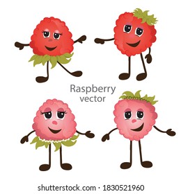 Cute raspberry vector with eyes, hands and feet. Funny berries, talisman. Illustration for printing, print on fabric, clothing, children's design, juice, marmalade