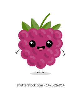 Cute Raspberry. Vector illustration sketch. Character Cartoon. Kawaii cartoon Emoji. Cute fruit vector character. Can be used for kids  t shirt design. Fashion print graphic for Greeting cards.