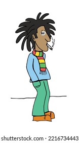 Cute rastafari style man character smoking standing with his hands inside pockets. Colourful cartoon style vector illustration isolated on white background.