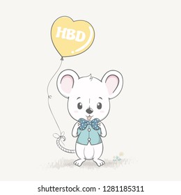 Cute rat with balloons cartoon hand drawn vecter illustration. Use for Happy birthday invitation card, T-shirt print, baby shower.