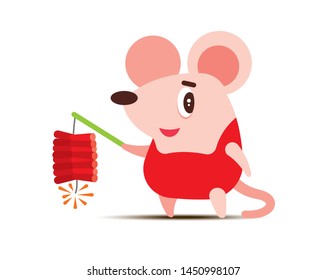 Cute rat with big ears is playing firecrackers during Chinese New Year 2020. The year of the rat. - Vector 