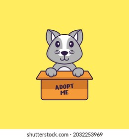 Cute rat in box with a poster Adopt me. Animal cartoon concept isolated. Can used for t-shirt, greeting card, invitation card or mascot.