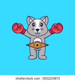 Cute rat in boxer costume with champion belt. Animal cartoon concept isolated. Can used for t-shirt, greeting card, invitation card or mascot.