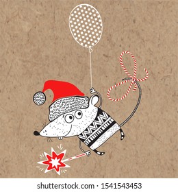 Cute rat in a cap of Santa Claus with balloon. Cartoon vector character on kraft paper. Isolated element for design.  Animal symbol of new year 2020.