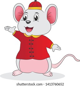 Cute Rat  Cartoon in Chinese Clothes, Greeting Card for the Year of Rat