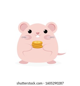 cute rat character holding a golden coin on a white background illustration vector.