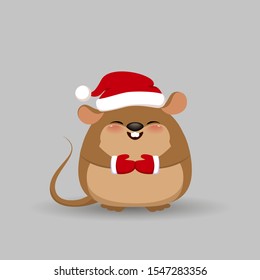 Cute rat character isolated on grey background. Happy baby mouse in Christmas hat and mittens. 2020 Chinese New Year greeting.