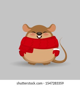 Cute rat character isolated on grey background. Happy baby mouse in Christmas scarf and mittens. 2020 Chinese New Year greeting.
