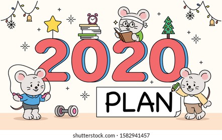 Cute rat character is making plans for 2020 New Year. banner template. hand drawn style vector design illustrations. 